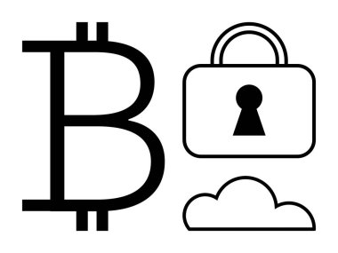 Asma kilit ve bulut simgesinin yanında Bitcoin sembolü. Kripto para birimi, dijital güvenlik, engelleme zinciri, çevrimiçi veri koruması, bulut hesaplama, finansal teknoloji, güvenli işlemler için ideal. Çizgi