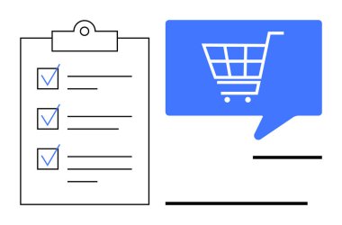 İçi alışveriş arabası sembolü olan mavi konuşma balonunun yanındaki panoda kontrol listesi. E-ticaret, çevrimiçi alışveriş, görev yönetimi, verimlilik, kontrol listeleri, perakende stratejileri, lojistik
