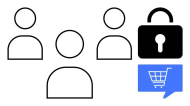 Siyah taslak kullanıcı simgeleri, güvenlik kilidi sembolü ve alışveriş arabalı mavi konuşma balonu. Siber güvenlik, çevrimiçi alışveriş, kullanıcı doğrulaması, veri koruması, e-ticaret, İnternet güvenliği için ideal