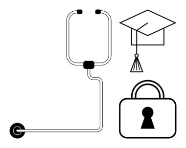Stetoskop, mezuniyet şapkası ve asma kilit, sağlık, eğitim ve güvenliği göstermek için düzenlenmiş. Tıbbi, akademik, siber güvenlik, korunma, güvenli uygulamalar ve profesyonel eğitim için ideal