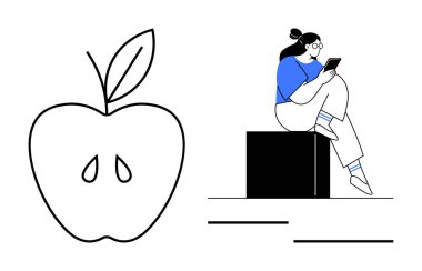 Siyah bloğa oturmuş tablet okuyan, mavi bluz ve gözlük takan, çekirdekli elmanın yanında oturan bir kadın. Eğitim, teknoloji, okuma, sağlık ve minimalizm için idealdir. Çizgi