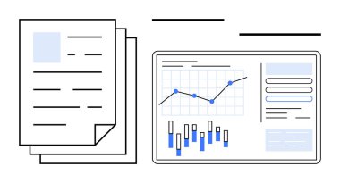 Büyüme ve performansı gösteren grafik ve grafikleri gösteren dijital tabletin yanında yığınla belge var. İş, finans, analiz, toplantılar, raporlar, planlama, sunumlar için idealdir. Çizgi