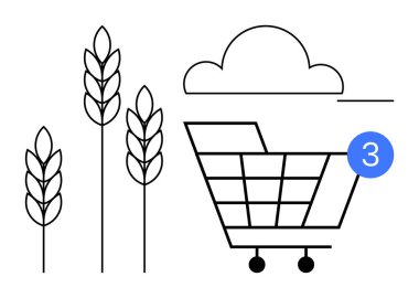 Buğday sapları ve bulut ile birlikte 3 numaralı baloncuklu alışveriş arabası. Market, tarım, e-ticaret, envanter, çevre, bilgilendirme, depolama için ideal. Satır metaforu