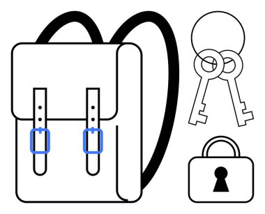 Backpack with buckle straps alongside padlock and two keys. Ideal for topics on security, travel, education, adventure, preparedness, storage, and organization. Line metaphor clipart