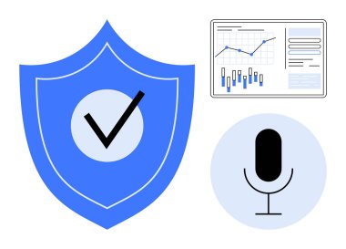 İşaretli kalkan, analitik grafik ve mikrofon veri koruma ve iletişimi sembolize ediyor. Siber güvenlik, veri analizi, bilişim güvenliği, dijital iletişim, çevrimiçi güvenlik için ideal