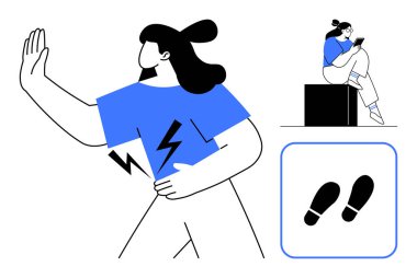 Karnı ağrıyan stresli insan, rahatlamış insan okumaları ve ayak izi ikonları. Sağlık, sağlık, eğitim, yolculuk, farkındalık edebiyat ve fitness konuları için ideal. Satır metaforu