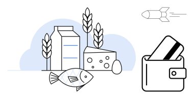 Market, cüzdan, kredi kartı ve roket. Çevrimiçi alışveriş, e-ticaret, market teslimatı, finans hizmetleri, dijital ödemeler gıda endüstrisi hızı için idealdir. Satır metaforu