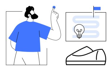 Ampul fikrine yol, spor ayakkabı ve bayrak gösteren bir adam yenilikçi düşünce ve hedeflere ulaşmayı ön plana çıkarır. Yaratıcılık, strateji, hedef belirleme, yenilik, proje planlaması, tasarım için ideal