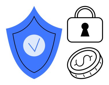 İşaretli mavi kalkan, siyah kilit ve dolar işaretli para. Siber güvenlik, finans, mahremiyet, güvenli işlemler, dijital cüzdanlar için ideal. Satır metaforu