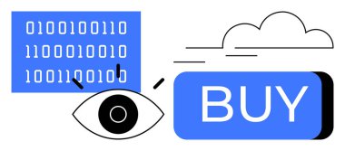 Eye looking at binary code and large Buy button with cloud. Ideal for online shopping, digital analytics, eye tracking, e-commerce technology, automated purchasing systems, data visualization, user clipart