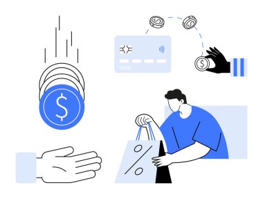 Bozuk paralar bir elin içine düşer, kredi kartı takası, alışveriş torbalı bir müşteri. Finans, e-ticaret, dijital ödemeler, pazarlama, alışveriş nakitsiz işlem temaları için idealdir. Satır metaforu