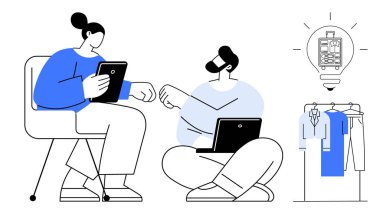 İş arkadaşları modern ofis ortamında giysi rafı ve fikir ampulü ikonu olan dijital cihazlar kullanıyorlar. Takım çalışması, beyin fırtınası, teknoloji, modern çalışma alanı, iletişim, yenilik için ideal