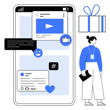 Mobile device displaying social media activity with video, comments, and thumbs ups. Woman holding a folder beside the phone. Ideal for digital marketing, online engagement, mobile apps, social clipart