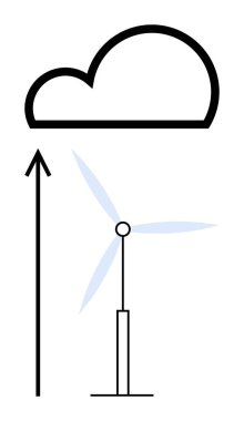 Rüzgâr türbini bulutun altında yukarı doğru ok atıyor. Enerji, sürdürülebilirlik, yenilik, teknoloji, yenilenebilir kaynaklar, temiz enerji, çevre koruma konuları için idealdir. Satır metaforu