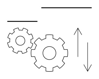 Birbirine kenetlenmiş iki dişli ve yukarı-aşağı ok mekanik etkileşimi ve hareket dinamiğini simgeler. Mühendislik, otomasyon, süreç tasarımı, imalat, iş akışı optimizasyonu için ideal