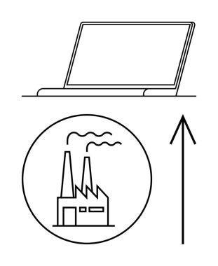 Laptop ekranı, bacaları daire şeklinde olan fabrika ve yukarı doğru ok. Ticari büyüme, endüstriyel kalkınma, teknoloji ilerlemesi, üretim, üretkenlik artışı, ekonomik analiz için ideal
