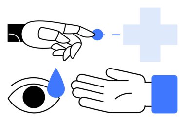 İnsan eli ekrana dokunur, göz damlası, avuç içi açık, mavi haç. Sağlık, tıbbi teknoloji, dijital temas, vizyon bakımı el güvenliği destek hizmetleri ve tedavi kavramları için idealdir. Çizgi