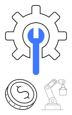 Mavi anahtarı olan vites, dolar işareti olan bozuk para ve kutu tutan robot kol. Teknoloji, endüstri, otomasyon, robot bilimi, ekonomi mühendisliği ve iş dünyası için idealdir. Satır metaforu