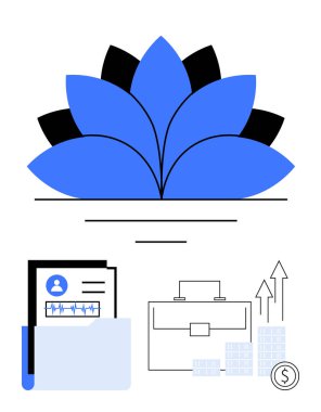 Belge klasörünün üstündeki nilüfer çiçeği sembolü evrak çantası, oklu büyüme grafiği ve bozuk para yığını. Kariyer geliştirme, iş stratejisi, mali büyüme, kişisel gelişim, kurumsal gelişim için ideal