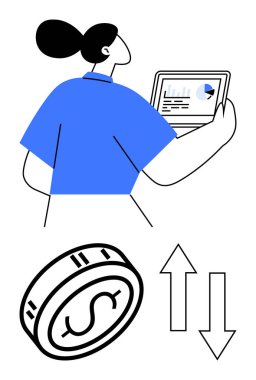 Mavi gömlekli bir iş kadını tabletteki mali verileri analiz ediyor. Dolar işareti ve yukarı aşağı oklu sikke. Finans, yatırım, iş, ekonomi, veri analizi ve bütçe için ideal. Çizgi