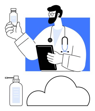 Tıbbi uzman ilaç ve tableti mavi arka planda tutuyor. İlave ilaç şişesi ve bulut sembolü de dahil. Sağlık, teletıp, eczacılık, tıbbi hizmet için ideal