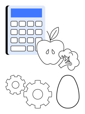 Diyet yönetimini temsil eden hesap makinesi, elma, brokoli, yumurta ve vites, sağlıklı yeme, beslenme takibi ve yemek planlama. Fitness sağlık uygulamaları için ideal diyet planları beslenme çalışmaları ağırlık