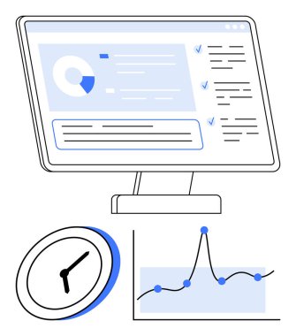Bilgisayar ekranı saati ve çizgi grafiği mavi tonlarda. Veri analizi, verimlilik, izleme, performans, verimlilik, organizasyon ve teknoloji için ideal. Satır metaforu