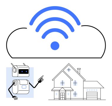 Garajlı, robotlu, bulut evindeki kablosuz sinyal. Akıllı ev teknolojisi, loto, otomasyon, yapay zeka, bulut depolama, bağlantı, dijital güvenlik için ideal. Satır metaforu