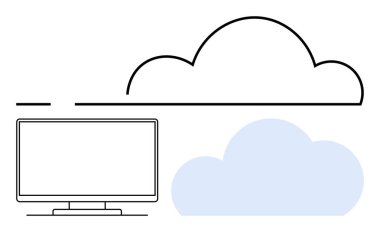 Masaüstü monitörü büyük bulut çizgisi ve mavi bulutun yanında. Bulut hesaplama, veri depolama, teknoloji, çevrimiçi hizmetler, bilişim çözümleri, ağ oluşturma, dijital dönüşüm için ideal. Satır metaforu