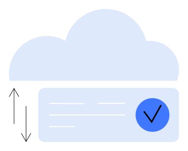 Cloud graphic with data syncing arrows and blue circle checkmark representing secure cloud storage. Ideal for data backup, cloud services, security, technology, IT services, app development, network