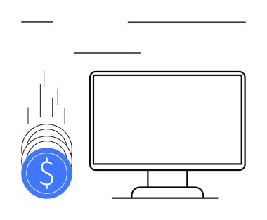 Paraların bilgisayar ekranına düşmesi çevrimiçi işlemleri, dijital ödemeleri ve e-ticareti simgeliyor. Finansal teknoloji, e-ticaret, dijital pazarlama, çevrimiçi iş, bankacılık için ideal