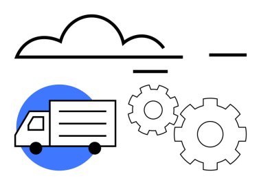 İki vites ve bulut elementinin yanında, üst üste binen mavi daire. Lojistik, ulaşım, bulut hizmetleri, tedarik zinciri, teknoloji, otomasyon ve dijital çözümler için ideal. Çizgi