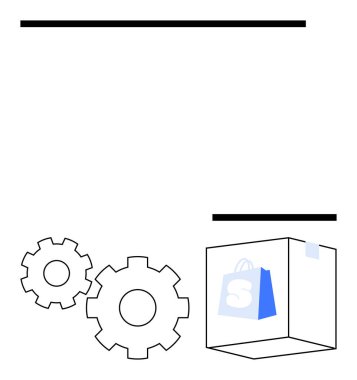 Alışveriş poşeti ikonu olan bir kutunun bitişiğindeki birbirine kenetlenmiş iki vites. Ekommerce, otomasyon, mühendislik, perakende, teknoloji, lojistik ve verimlilik için ideal. Satır metaforu