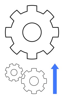 İki küçük dişli büyük dişli ve yukarı doğru mavi ok ilerlemeyi sembolize ediyor. Üretkenlik, yenilik, iş büyümesi, takım çalışması, mekanik, teknik kavramlar ve mühendislik için ideal. Çizgi