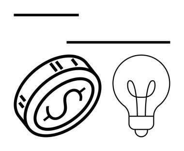 Ampulün yanında dolar işareti olan sikke, finansal kavramları ve yenilikleri gösteriyor. Finans, iş, yatırım, girişimcilik, yaratıcılık, ekonomi beyin fırtınası için idealdir. Satır metaforu
