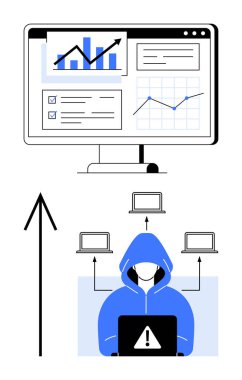Bilgisayarında uyarı işareti olan kapüşonlu bir figür, birden fazla bilgisayara bağlı. Grafikleri ve grafikleri görüntüleyen monitör. Siber güvenlik, veri koruması, hackleme, bilişim riski, teknoloji analizi için ideal.