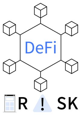 Küplere bağlı merkezi DeFi etiketli blok zinciri ağı, dikkat işareti ile RISK 'i vurguluyor. Fintech eğitimi için ideal, engelleme zinciri seminerleri, kripto para birimi analizi, finansal risk