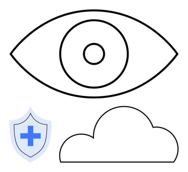 Mavi haçlı ve bulutlu bir kalkanın üstündeki göz çizgisi. Güvenlik, mahremiyet, bulut bilgisayarı, sağlık, gözetleme, çevrimiçi koruma, veri güvenliği için idealdir. Satır metaforu