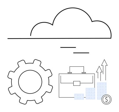 Teçhizat üstü bulut, evrak çantası, bozuk para yığınları ve ok büyüme grafiği. İş, teknoloji, finans, veri yönetimi, bulut hizmetleri verimliliği ve ekonomik büyüme için idealdir. Satır metaforu