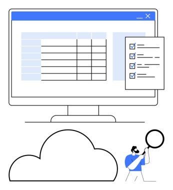 Kontrol listesi olan bir tablo gösteren dijital ekran, bulutun yanında büyüteç tutan figür. Veri analizi, bulut hizmetleri, üretkenlik araçları, dijital depolama, kalite kontrolü için ideal