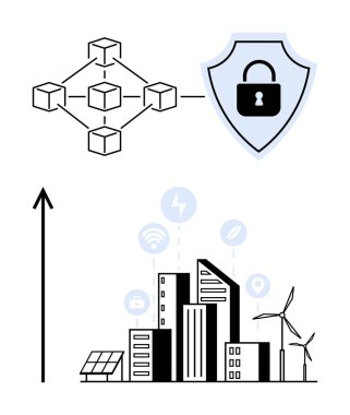 Güneş panelleri rüzgar türbinleri olan asma kilit kalkanına bağlı blok zinciri düğümleri. Teknoloji, güvenlik, sürdürülebilirlik, yenilik, akıllı şehir, enerji, ilerleme için ideal. Satır metaforu