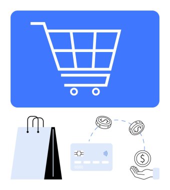 Mavi arka planda alışveriş arabası ikonu, alışveriş torbaları, kredi kartı, bozuk paralar ve el ele tutuşmalar. Çevrimiçi alışveriş, e-ticaret, dijital işlemler, perakende finans hizmetleri için ideal