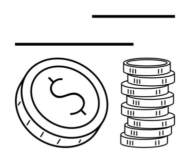 Üzerinde yatay çizgiler olan bozuk para yığınının yanında dolar işareti olan tek bir sikke. Finansal büyüme, tasarruf, yatırım, bankacılık, muhasebe, iş stratejisi zenginlik yönetimi için idealdir. Çizgi