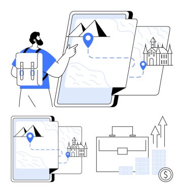 Sırt çantalı bir adam birden fazla ekranda gösterilen haritayla bir kilise ve dağları işaretleyerek seyahat güzergahı planlıyor. Seyahat, navigasyon, turizm, teknoloji, iş planlaması, büyüme için ideal