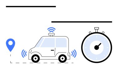 GPS pimi ve kronometresi olan otonom bir araba. Teknoloji, ulaşım, yenilik, dakiklik, otomasyon, navigasyon ve verimlilik tartışmaları için idealdir. Satır metaforu