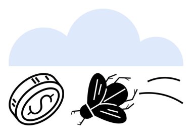 Coin with dollar symbol and flying insect in front of a cloud. Ideal for finance, economy, loss, budgeting, financial planning savings and frugality. Line metaphor. Line metaphor. Simple line icons clipart