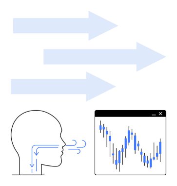 İnsan kafası silueti nefes akışını ve yönü gösteren okları gösteriyor. Çizgi grafiği veri dalgalanmalarını gösteriyor. Sağlık, solunum, zindelik, meditasyon, veri analizi için ideal