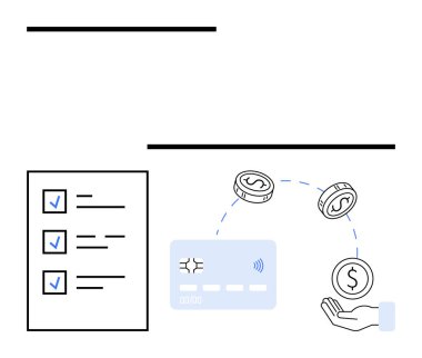 Kredi kartı, uçan paralar, kontrol listesi ve el yakalama paraları. Finansal hizmetler, bankacılık, dijital işlemler, online alışveriş bütçesi finans yönetimi ve e-ticaret için ideal. Çizgi