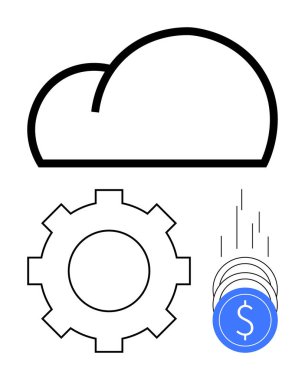 Bulut simgesi, otomasyon için teçhizat ve bir yığın dijital para. Teknoloji, bulut hesaplama, otomasyon, finans, dijital para birimi yenilik girişimleri için idealdir. Satır metaforu
