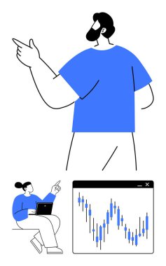 İki ofis çalışanı mali verilerle meşgul. Biri sunum yapıyor, biri dizüstü bilgisayar kullanıyor. Büyük bir şamdan şeması var. Finans, iş analizi, eğitim, iletişim, takım çalışması için ideal